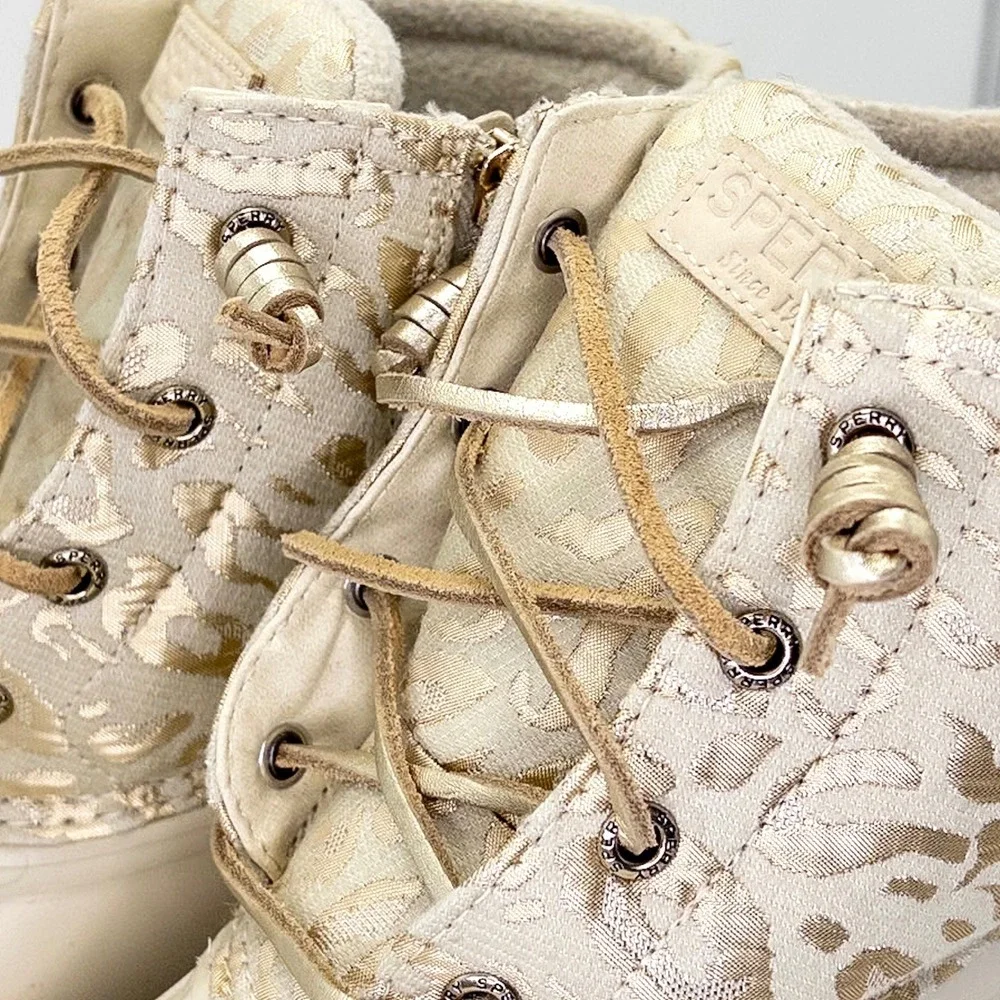 Sperry Saltwater Duck Boots Women's 8.5 Ivory Gold Metallic Leopard STS88315